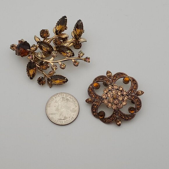 VTG Brooch 2PC Gold Tone Floral Root Beer Antique Style Art Deco WhimsyGoth Pin - Picture 14 of 16